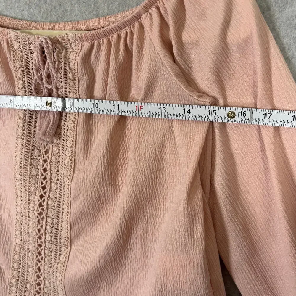 H&M Crochet Gauze Crop Blouse Small Pink Crinkle Boho Cottage Puff Feminine